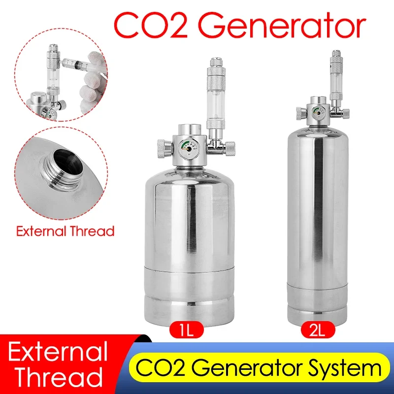 Planted Aquarium Tank Kit - 1L/2L Aquarium CO2 เครื่องกําเนิดไฟฟ้าชุดถังปลาพืชน้ําคาร์บอนไดออกไซด์ Reactor ระบบด้ายภายนอกกระบอกเหล็ก